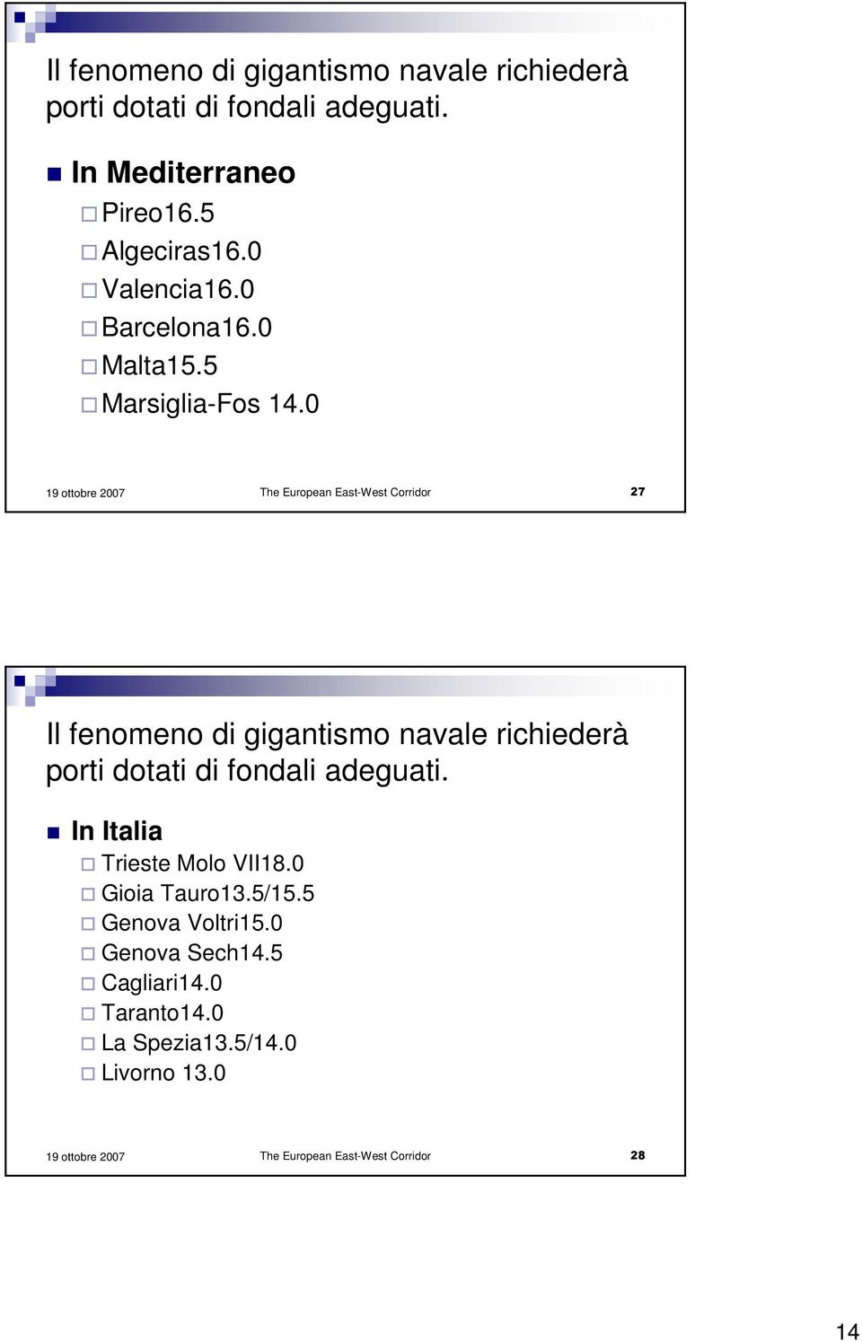 0 The European East-West Corridor 27 Il fenomeno di gigantismo navale richiederà porti dotati di fondali adeguati.