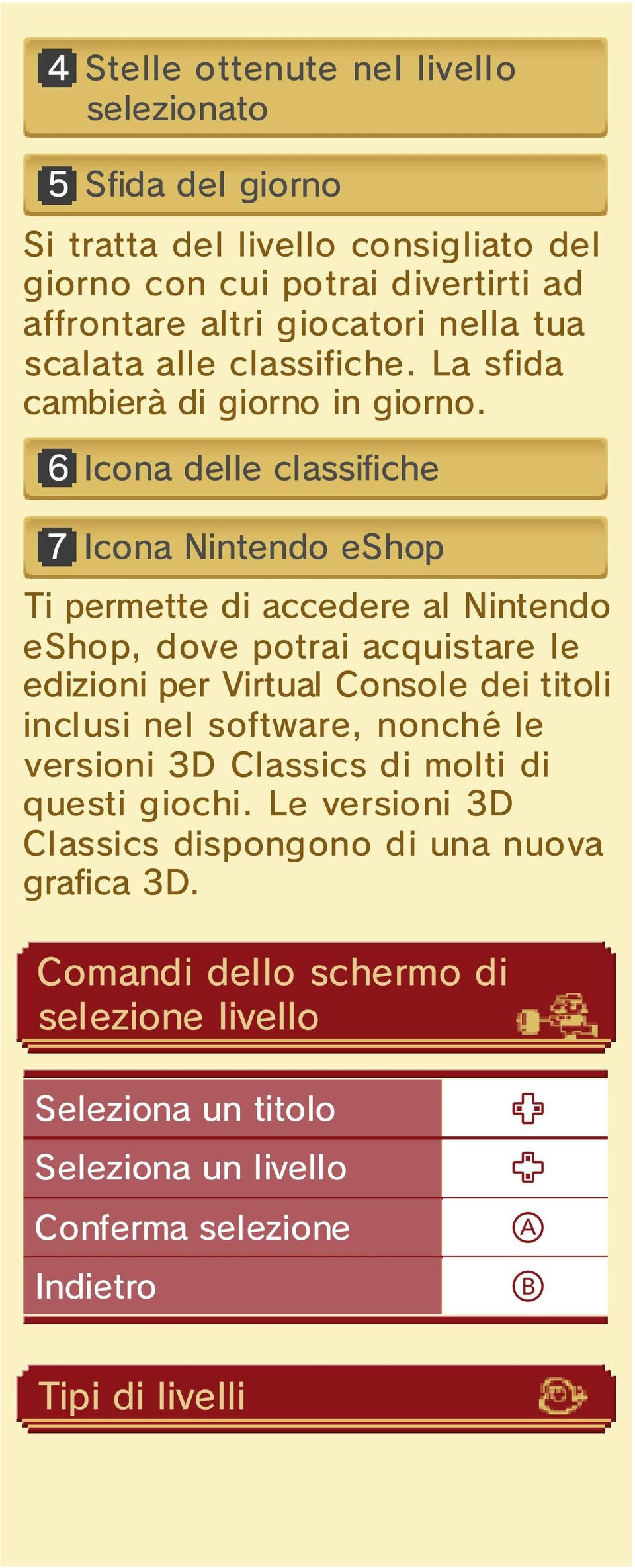 6 Icona delle classifiche 7 Icona Nintendo eshop Ti permette di accedere al Nintendo eshop, dove potrai acquistare le edizioni per Virtual Console dei titoli inclusi
