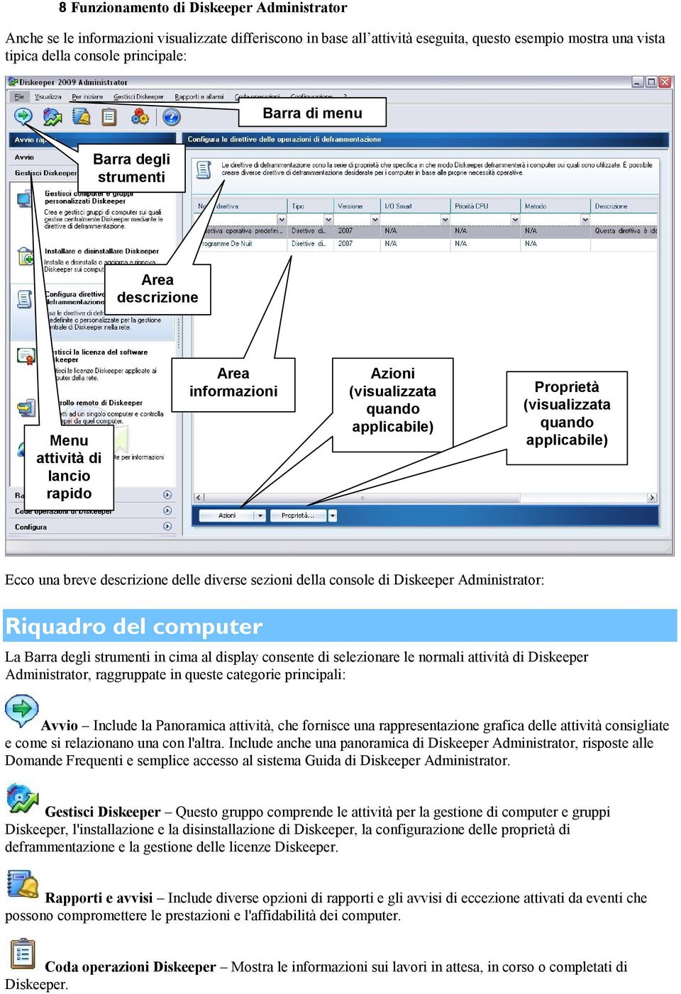 breve descrizione delle diverse sezioni della console di Diskeeper Administrator: Riquadro del computer La Barra degli strumenti in cima al display consente di selezionare le normali attività di