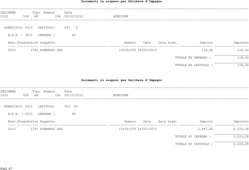 IMPEGNO : 118,56 TOTALE SU CAPITOLO : 118,56 ESERCIZIO: 2013 CAPITOLO: 910 20 E.P.F.