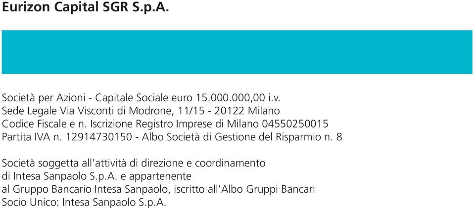 Iscrizione Registro Imprese di Milano 04550250015 Partita IVA n. 12914730150 - Albo Società di Gestione del Risparmio n.