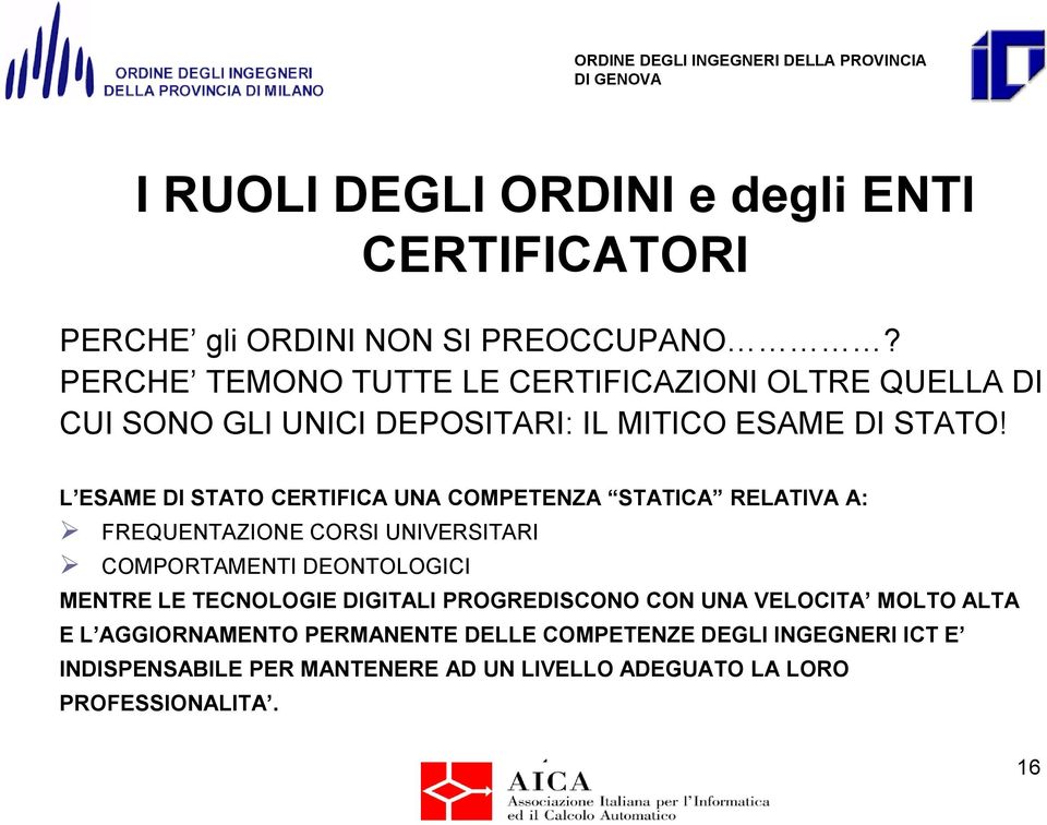 L ESAME DI STATO CERTIFICA UNA COMPETENZA STATICA RELATIVA A: FREQUENTAZIONE CORSI UNIVERSITARI COMPORTAMENTI DEONTOLOGICI MENTRE LE