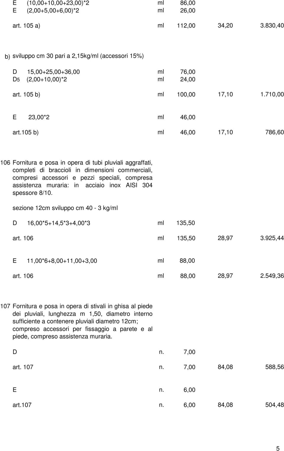 105 b) ml 46,00 17,10 786,60 106 Fornitura e posa in opera di tubi pluviali aggraffati, completi di braccioli in dimensioni commerciali, compresi accessori e pezzi speciali, compresa assistenza