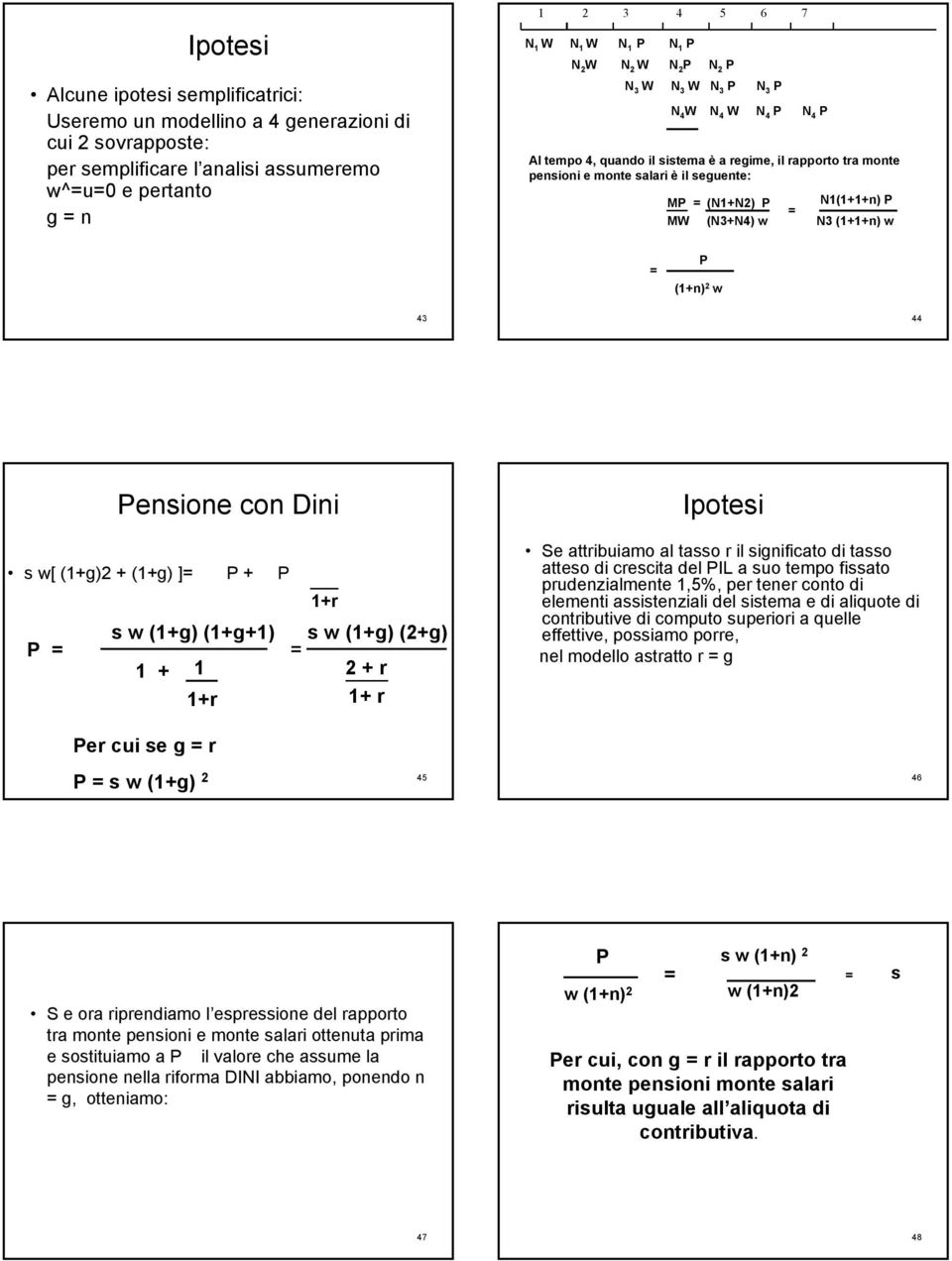 (N3+N4) w = N1(1+1+n) P N3 (1+1+n) w = P (1+n) 2 w 43 44 Pensione con Dini s w[ (1+g)2 + (1+g) ]= P + P P = s w (1+g) (1+g+1) 1 + 1 1+r 1+r s w (1+g) (2+g) = 2 + r 1+ r Ipotesi Se attribuiamo al