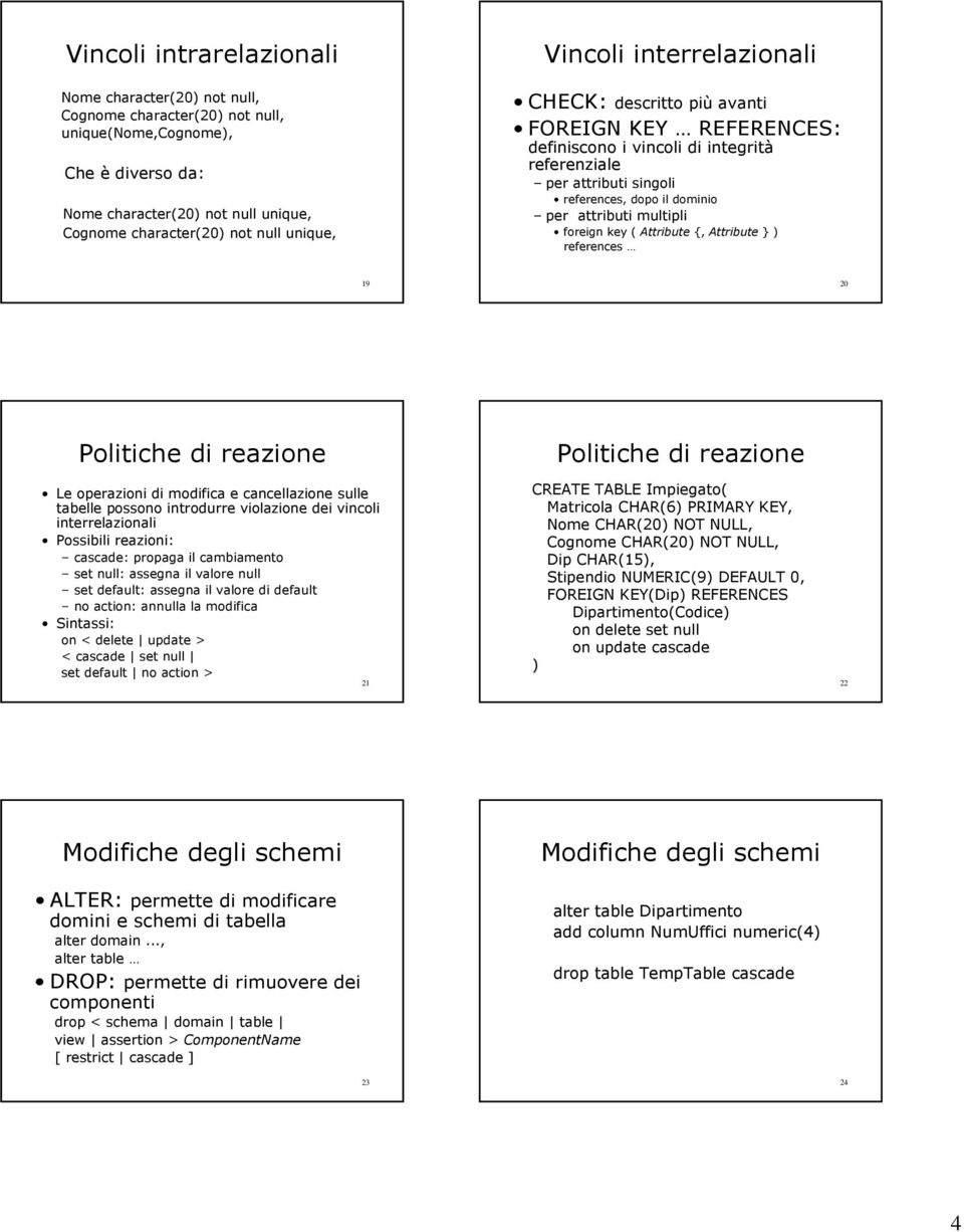 multipli foreign key ( Attribute {, Attribute } ) references 19 20 Politiche di reazione Le operazioni di modifica e cancellazione sulle tabelle possono introdurre violazione dei vincoli