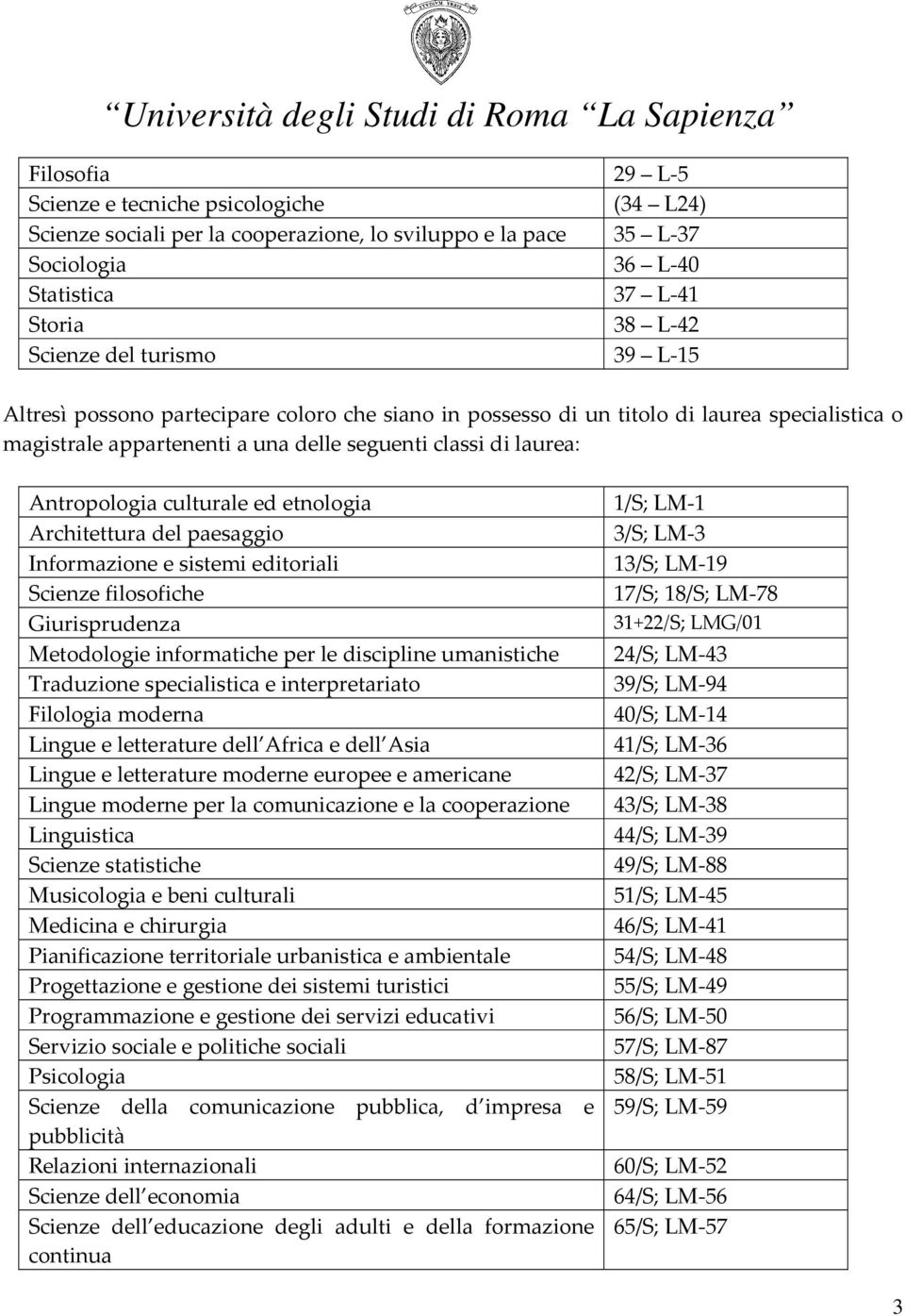 etnologia Architettura del paesaggio Informazione e sistemi editoriali Scienze filosofiche Giurisprudenza Metodologie informatiche per le discipline umanistiche Traduzione specialistica e