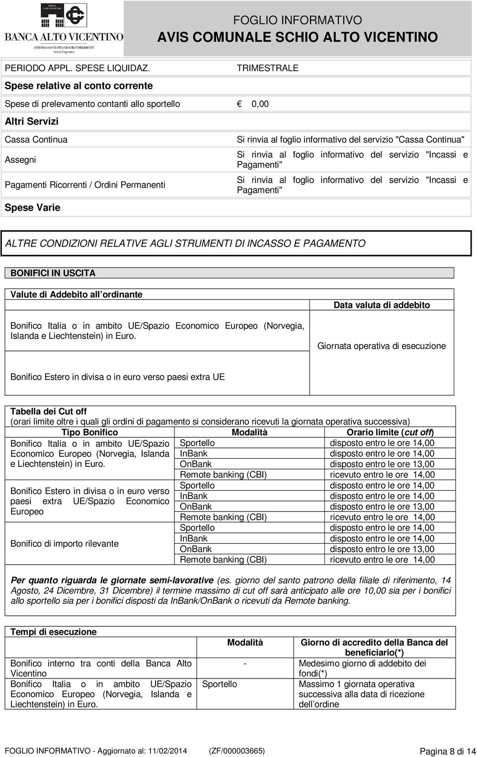 foglio informativo del servizio "Cassa Continua" Si rinvia al foglio informativo del servizio "Incassi e Pagamenti" Si rinvia al foglio informativo del servizio "Incassi e Pagamenti" ALTRE CONDIZIONI