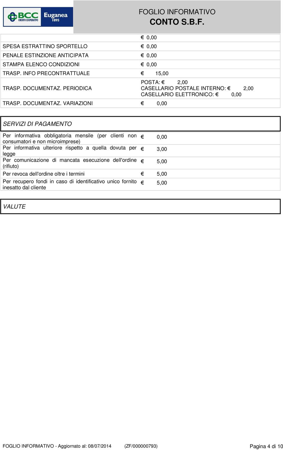 VARIAZIONI 0,00 POSTA: 2,00 CASELLARIO POSTALE INTERNO: 2,00 CASELLARIO ELETTRONICO: 0,00 SERVIZI DI PAGAMENTO Per informativa obbligatoria mensile (per clienti non consumatori e non