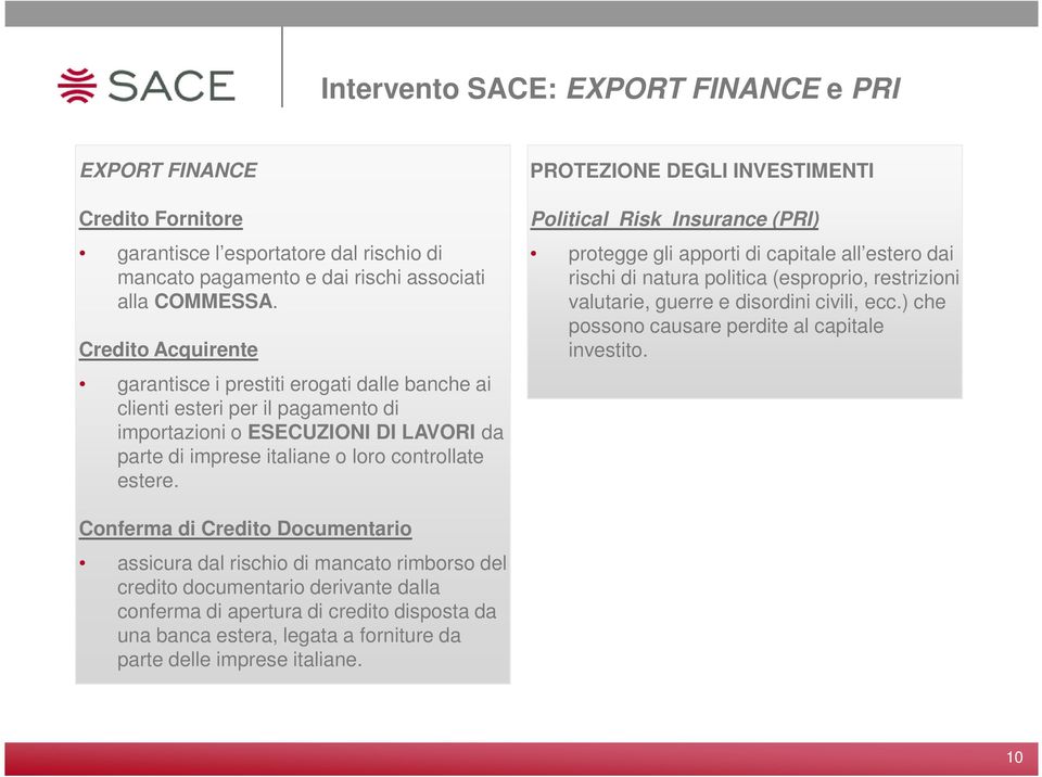 PROTEZIONE DEGLI INVESTIMENTI Political Risk Insurance (PRI) protegge gli apporti di capitale all estero dai rischi di natura politica (esproprio, restrizioni valutarie, guerre e disordini civili,