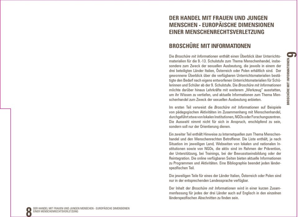 Schulstufe zum Thema Menschenhandel, insbesondere zum Zweck der sexuellen Ausbeutung, die jeweils in einem der drei beteiligten Länder Italien, Österreich oder Polen erhältlich sind.