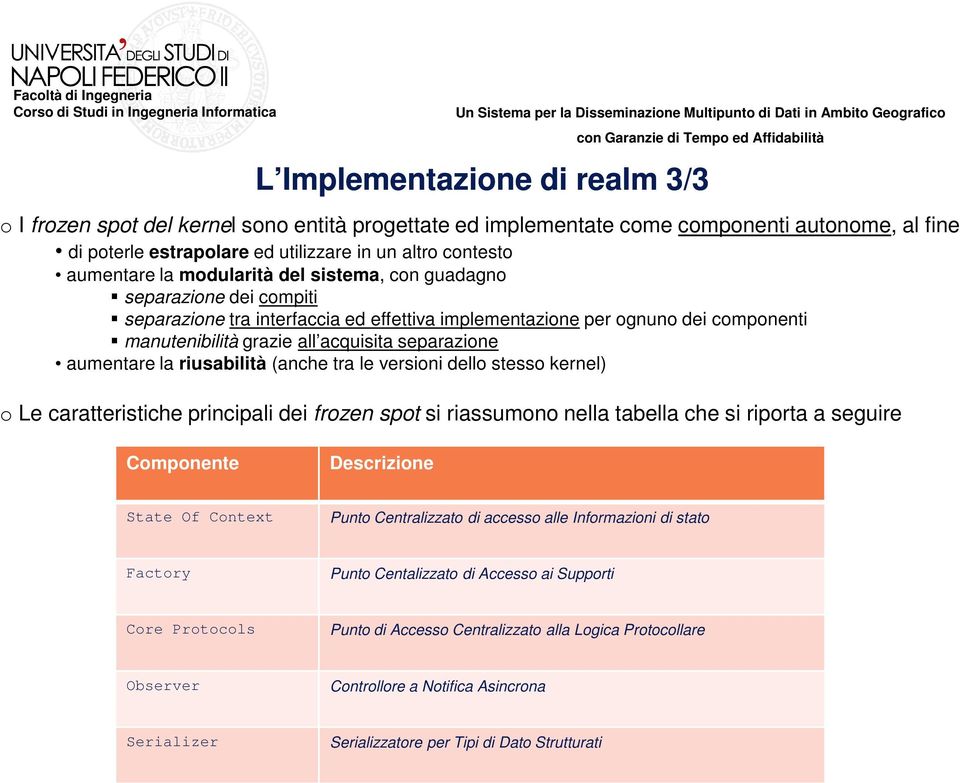 aumentare la riusabilità (anche tra le versioni dello stesso kernel) o Le caratteristiche principali dei frozen spot si riassumono nella tabella che si riporta a seguire Componente Descrizione State