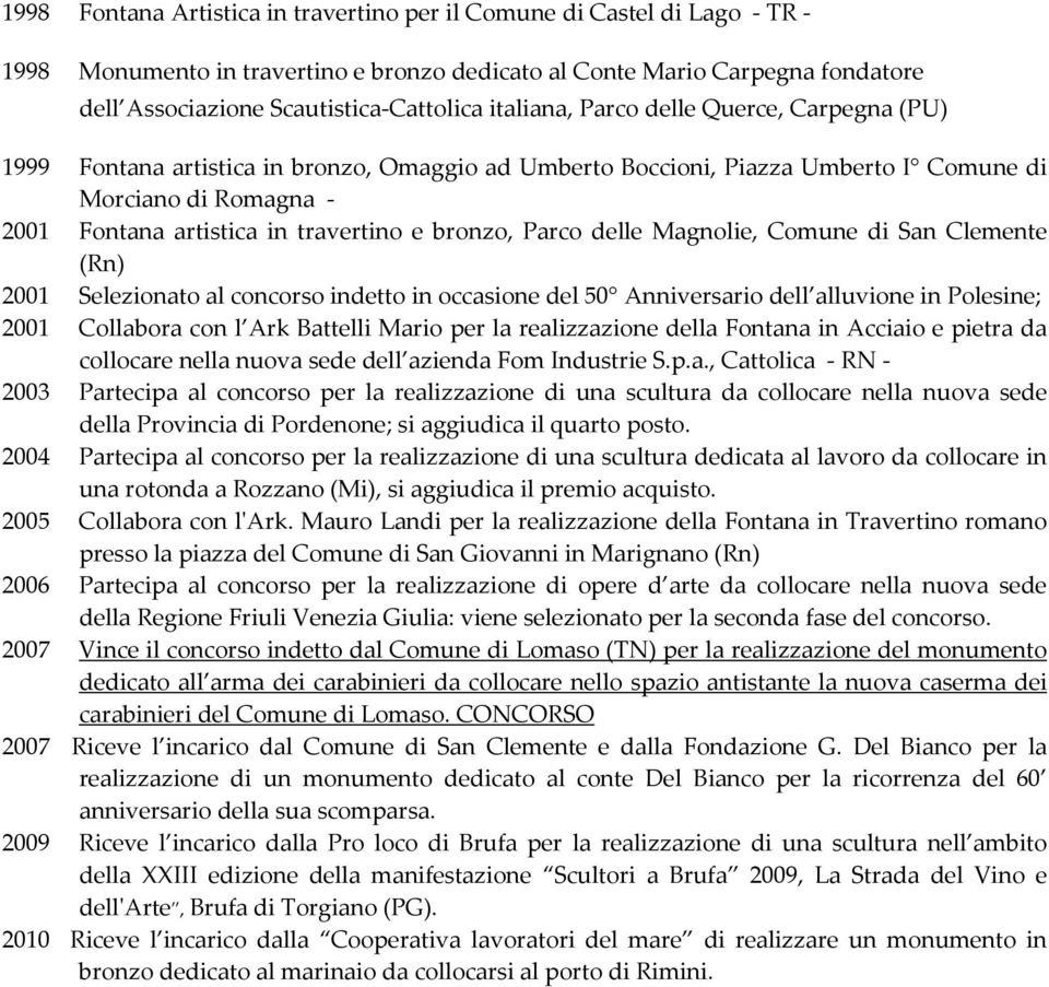 bronzo, Parco delle Magnolie, Comune di San Clemente (Rn) 2001 Selezionato al concorso indetto in occasione del 50 Anniversario dell alluvione in Polesine; 2001 Collabora con l Ark Battelli Mario per