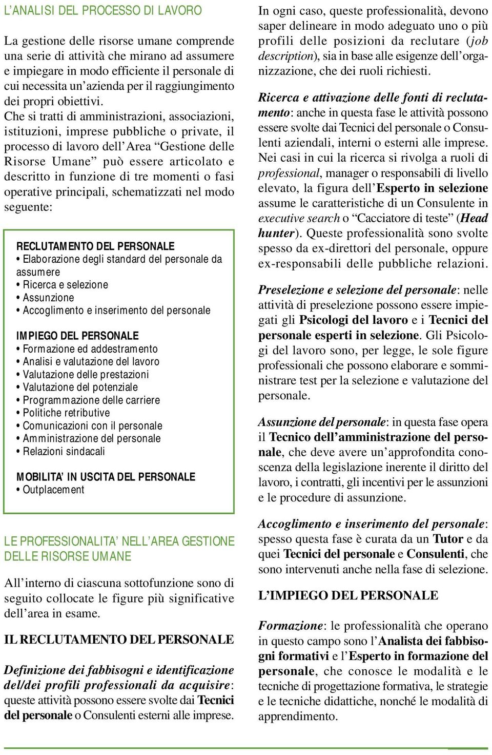 Che si tratti di amministrazioni, associazioni, istituzioni, imprese pubbliche o private, il processo di lavoro dell Area Gestione delle Risorse Umane può essere articolato e descritto in funzione di