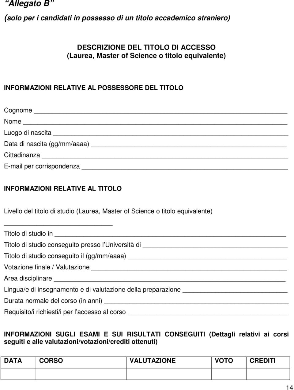 titolo equivalente) Titolo di studio in Titolo di studio conseguito presso l Università di Titolo di studio conseguito il (gg/mm/aaaa) Votazione finale / Valutazione Area disciplinare Lingua/e di