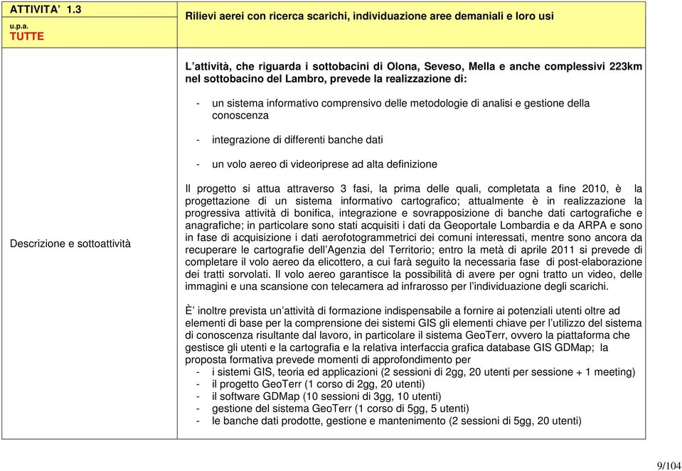 prevede la realizzazione di: - un sistema informativo comprensivo delle metodologie di analisi e gestione della conoscenza - integrazione di differenti banche dati - un volo aereo di videoriprese ad