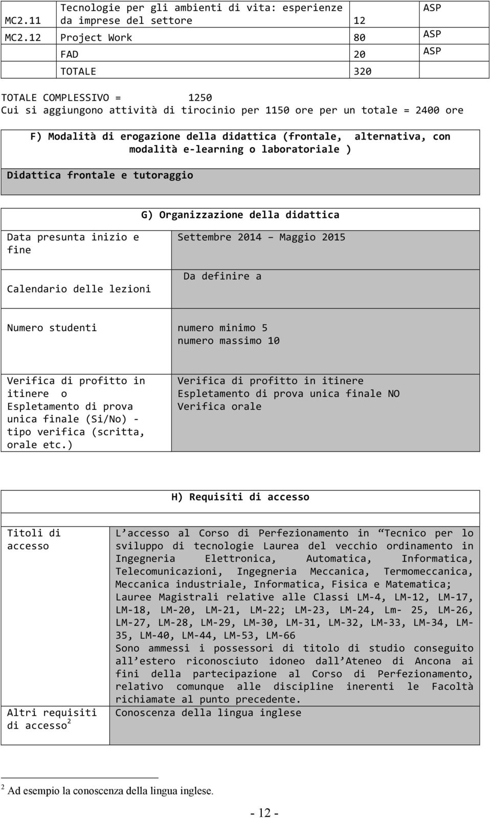 alternativa, con modalità e- learning o laboratoriale ) Didattica frontale e tutoraggio G) Organizzazione della didattica Data presunta inizio e fine Calendario delle lezioni Settembre 2014 Maggio