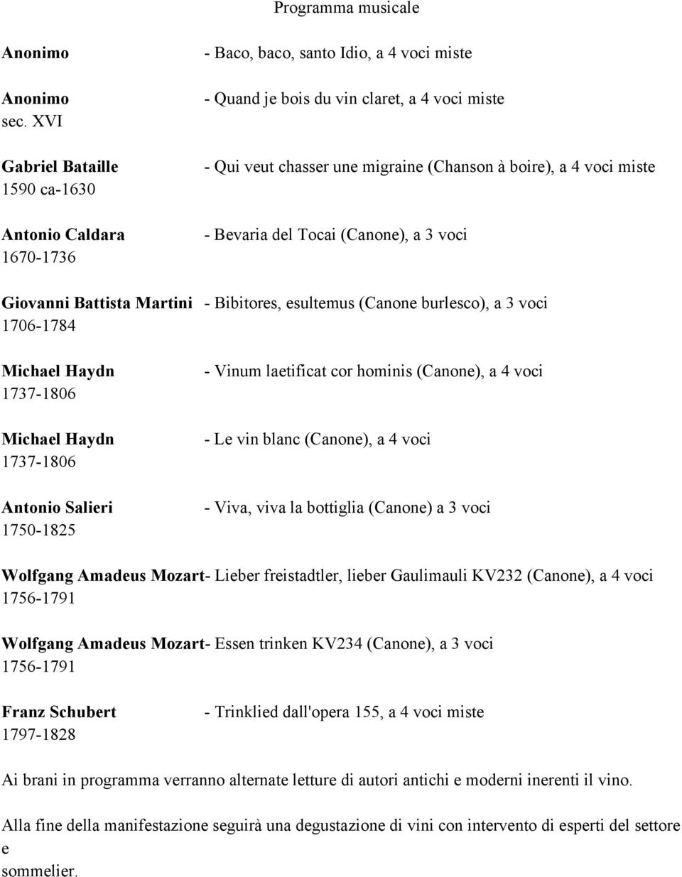 4 voci miste - Bevaria del Tocai (Canone), a 3 voci Giovanni Battista Martini - Bibitores, esultemus (Canone burlesco), a 3 voci 1706-1784 Michael Haydn 1737-1806 Michael Haydn 1737-1806 Antonio