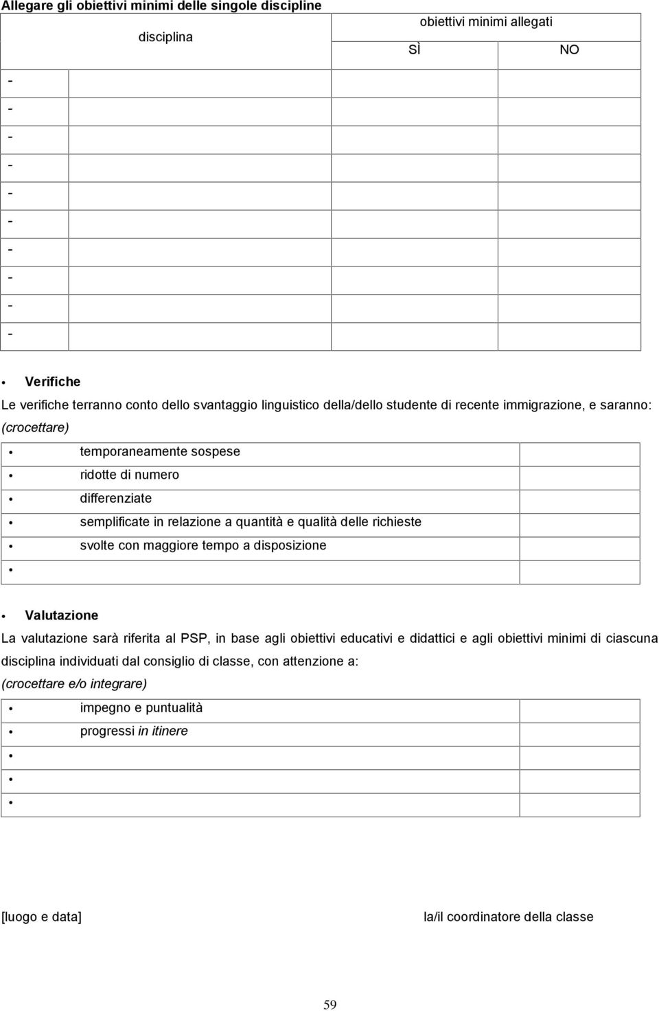 svolte con maggiore tempo a disposizione Valutazione La valutazione sarà riferita al PSP, in base agli obiettivi educativi e didattici e agli obiettivi minimi di ciascuna