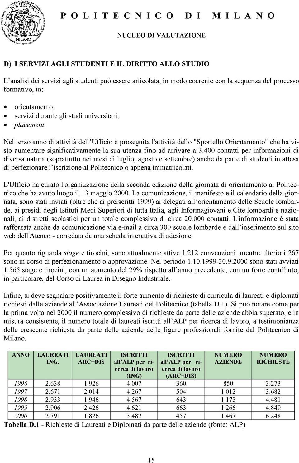 Nel terzo anno di attività dell Ufficio è proseguita l'attività dello "Sportello Orientamento" che ha visto aumentare significativamente la sua utenza fino ad arrivare a 3.