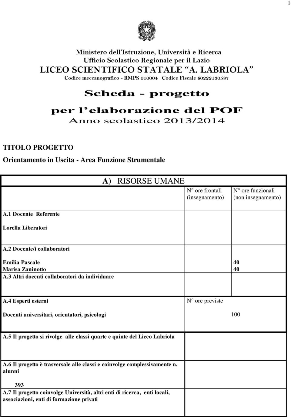 Strumentale A) RISORSE UMANE N ore frontali (insegnamento) N ore funzionali (non insegnamento) A.1 Docente Referente Lorella Liberatori A.2 Docente/i collaboratori Emilia Pascale Marisa Zaninotto A.