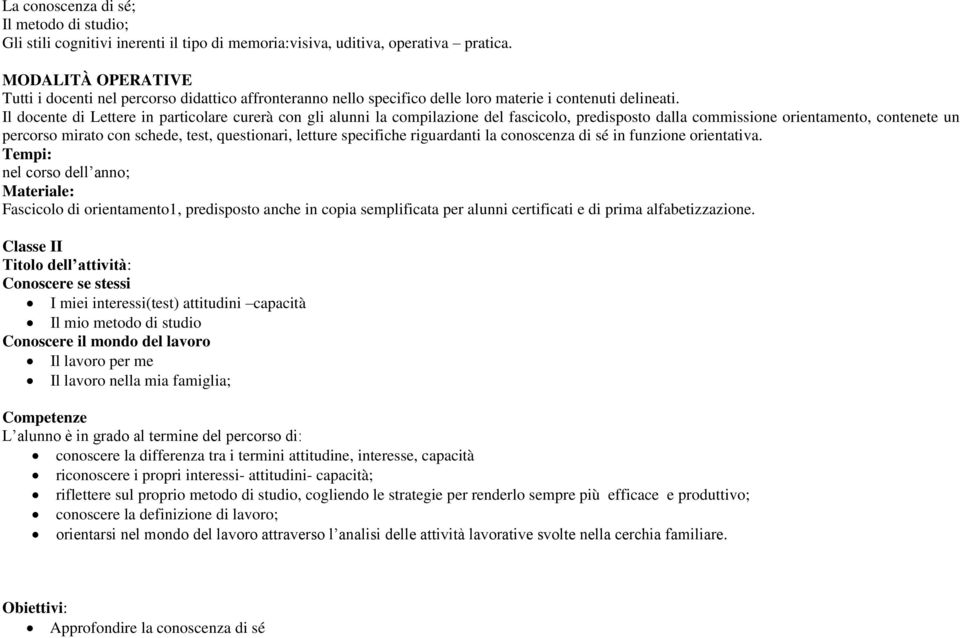 Il docente di Lettere in particolare curerà con gli alunni la compilazione del fascicolo, predisposto dalla commissione orientamento, contenete un percorso mirato con schede, test, questionari,