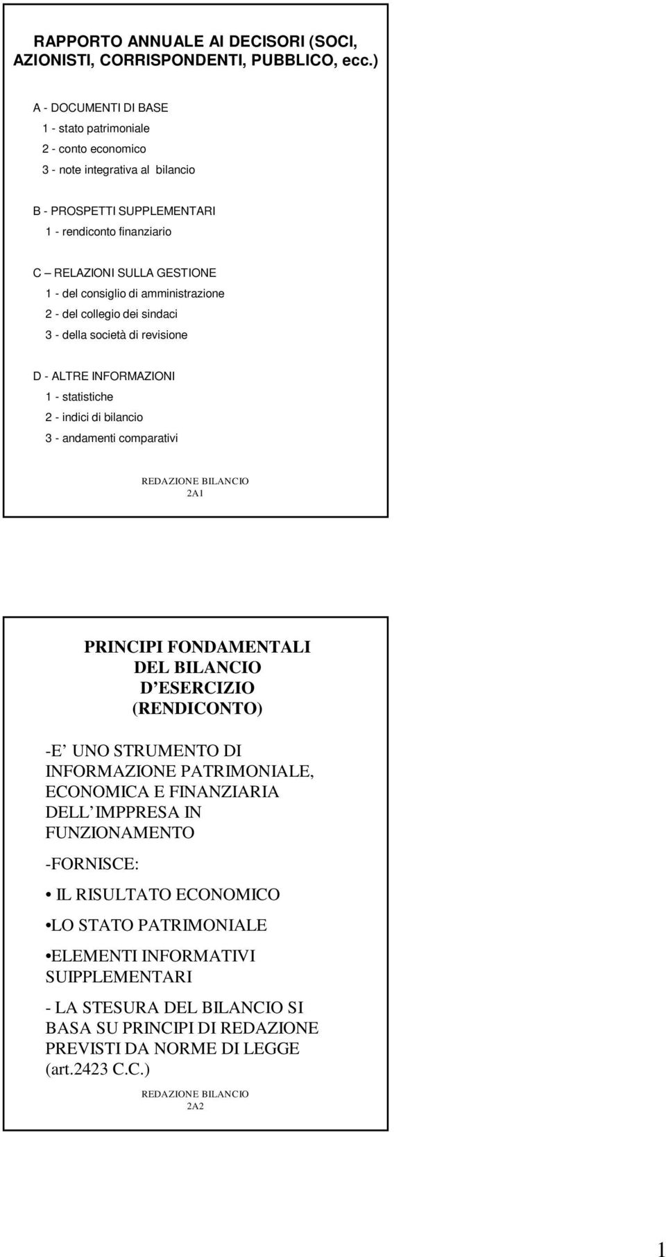 di amministrazione 2 - del collegio dei sindaci 3 - della società di revisione D - ALTRE INFORMAZIONI 1 - statistiche 2 - indici di bilancio 3 - andamenti comparativi 2A1 PRINCIPI FONDAMENTALI DEL