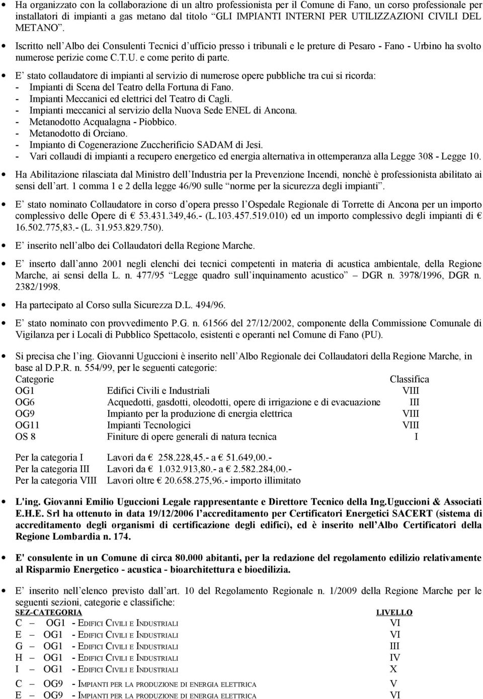 E stato collaudatore di impianti al servizio di numerose opere pubbliche tra cui si ricorda: - Impianti di Scena del Teatro della Fortuna di Fano.