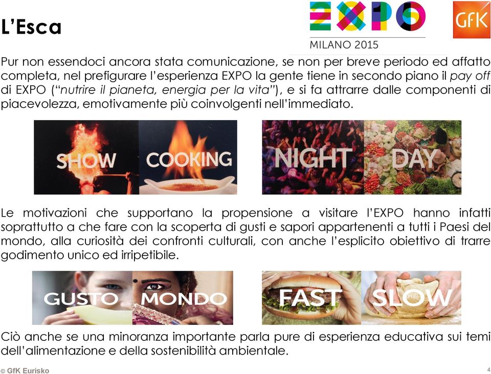 Le motivazioni che supportano la propensione a visitare l EXPO hanno infatti soprattutto a che fare con la scoperta di gusti e sapori appartenenti a tutti i Paesi del mondo, alla