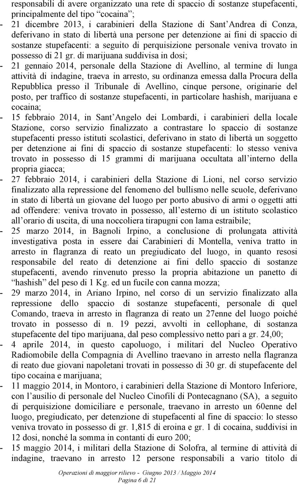 di marijuana suddivisa in dosi; - 21 gennaio 2014, personale della Stazione di Avellino, al termine di lunga attività di indagine, traeva in arresto, su ordinanza emessa dalla Procura della