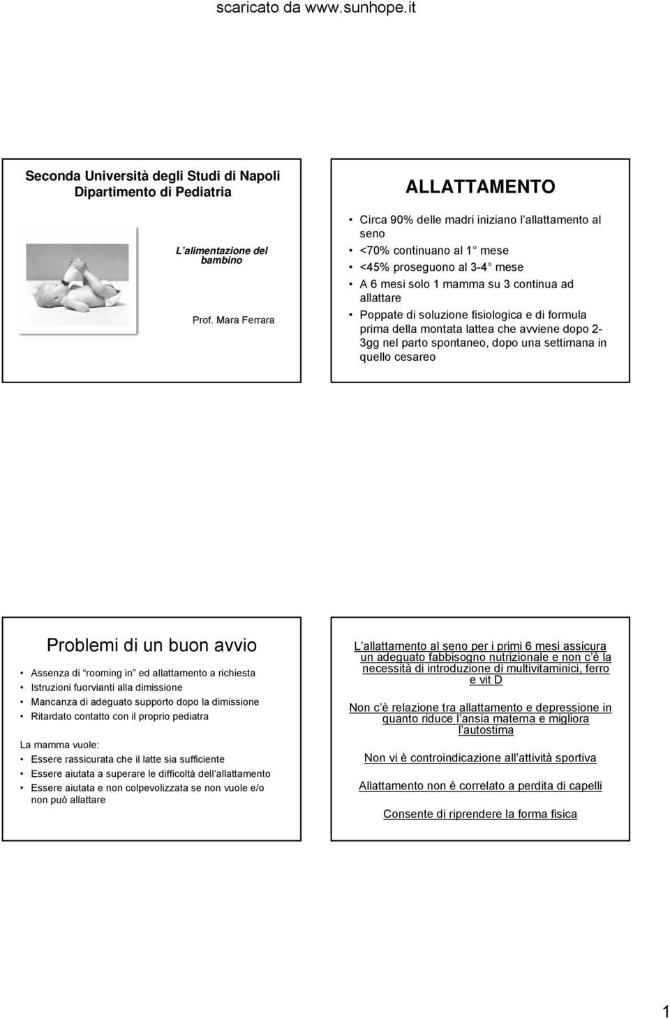 soluzione fisiologica e di formula prima della montata lattea che avviene dopo 2-3gg nel parto spontaneo, dopo una settimana in quello cesareo Problemi di un buon avvio Assenza di rooming in ed