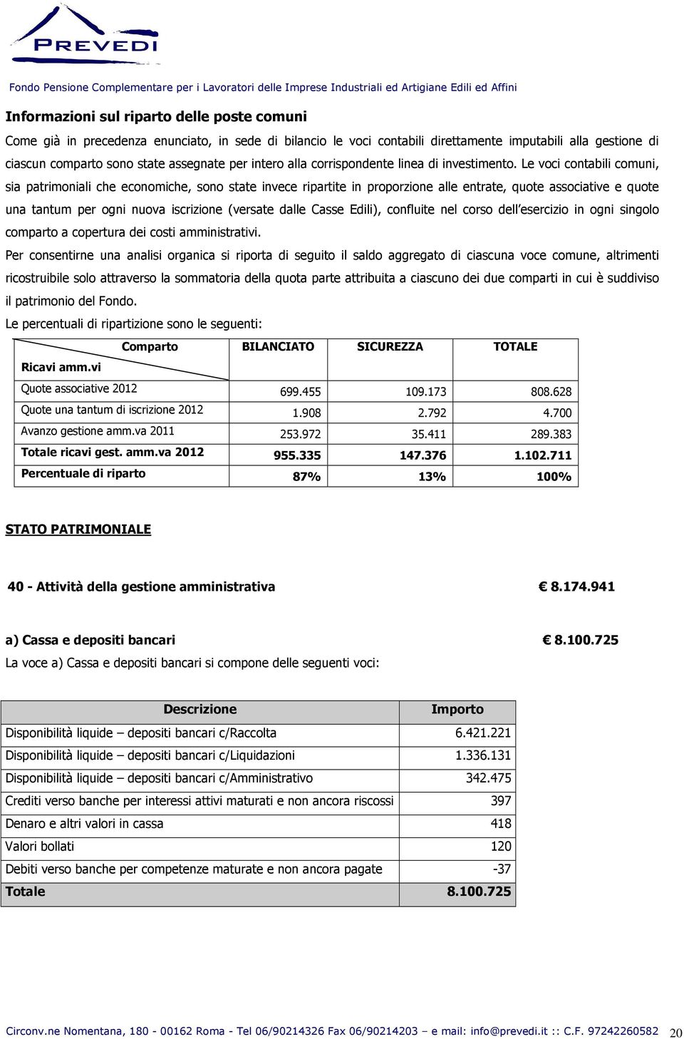 Le voci contabili comuni, sia patrimoniali che economiche, sono state invece ripartite in proporzione alle entrate, quote associative e quote una tantum per ogni nuova iscrizione (versate dalle Casse