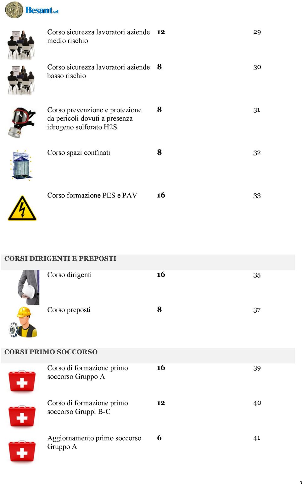 formazione PES e PAV 16 33 CORSI DIRIGENTI E PREPOSTI Corso dirigenti 16 35 Corso preposti 8 37 CORSI PRIMO SOCCORSO Corso