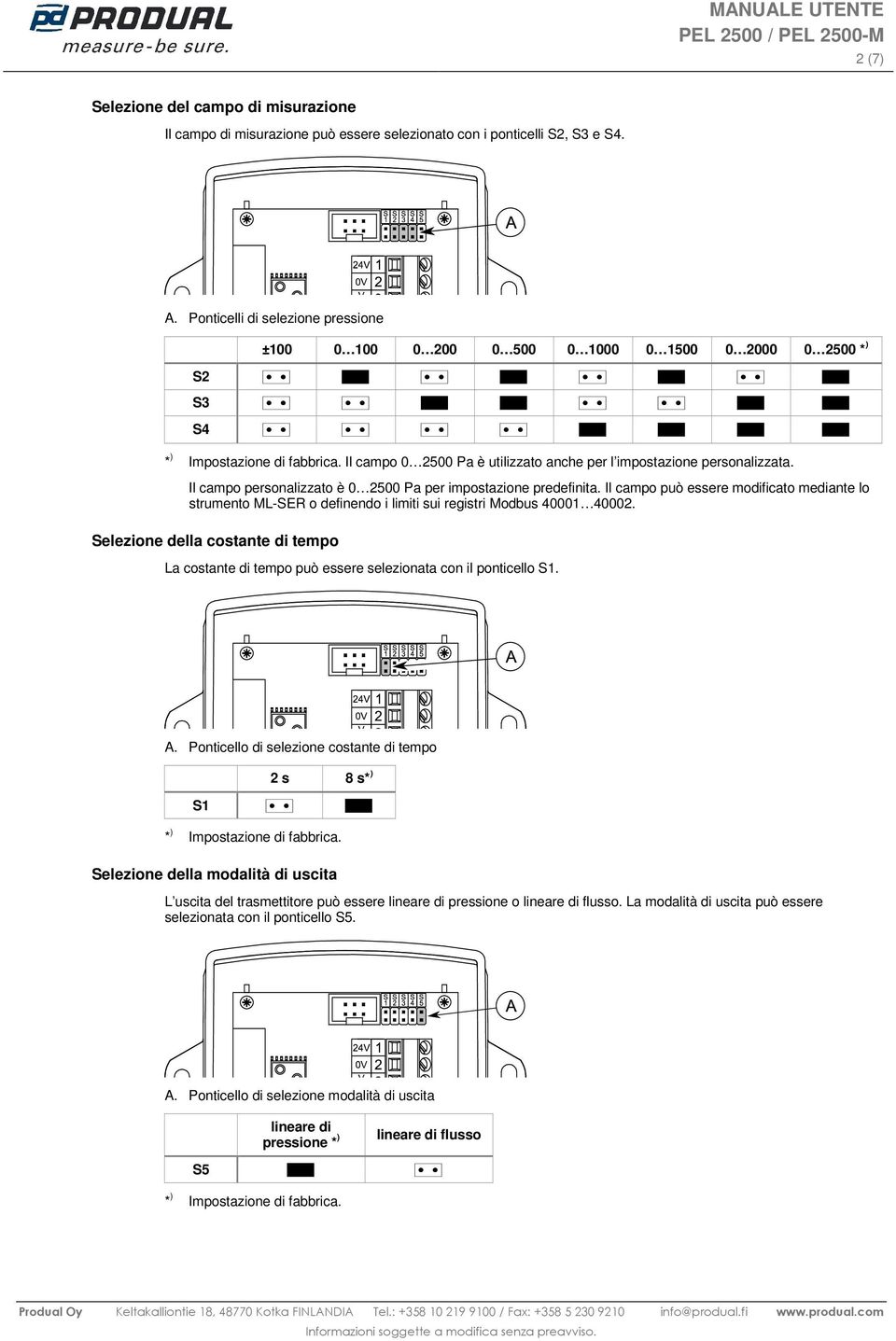 Il campo personalizzato è 0 2500 Pa per impostazione predefinita. Il campo può essere modificato mediante lo strumento ML-SER o definendo i limiti sui registri Modbus 40001 40002.