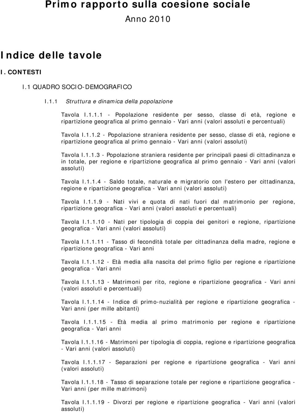 1.1.2 - Popolazione straniera residente per sesso, classe di età, regione e ripartizione geografica al primo gennaio - Vari anni Tavola I.1.1.3 - Popolazione straniera residente per principali paesi di cittadinanza e in totale, per regione e ripartizione geografica al primo gennaio - Vari anni (valori Tavola I.