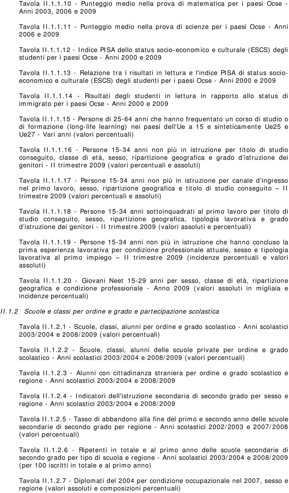 1.1.14 - Risultati degli studenti in lettura in rapporto allo status di immigrato per i paesi Ocse - Anni 2000 e 2009 Tavola II.1.1.15 - Persone di 25-64 anni che hanno frequentato un corso di studio