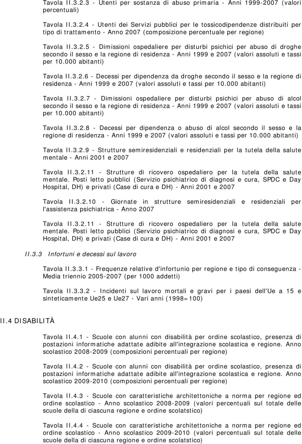 000 abitanti) Tavola II.3.2.7 - Dimissioni ospedaliere per disturbi psichici per abuso di alcol secondo il sesso e la regione di residenza - Anni 1999 e 2007 (valori assoluti e tassi per 10.