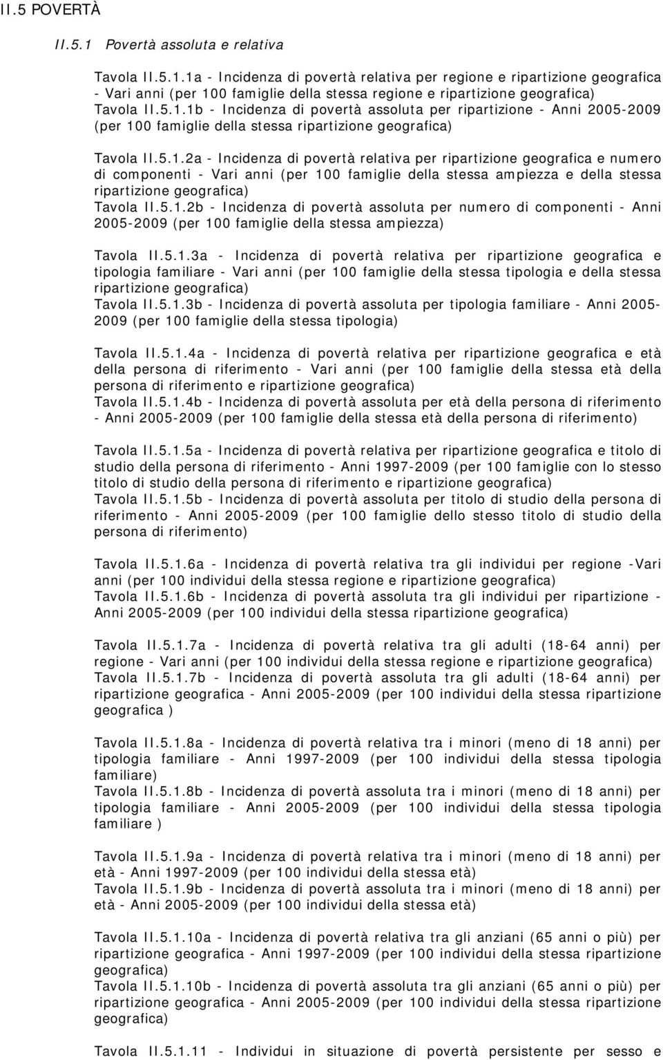 5.1.2b - Incidenza di povertà assoluta per numero di componenti - Anni 2005-2009 (per 100 famiglie della stessa ampiezza) Tavola II.5.1.3a - Incidenza di povertà relativa per ripartizione geografica e tipologia familiare - Vari anni (per 100 famiglie della stessa tipologia e della stessa ripartizione geografica) Tavola II.