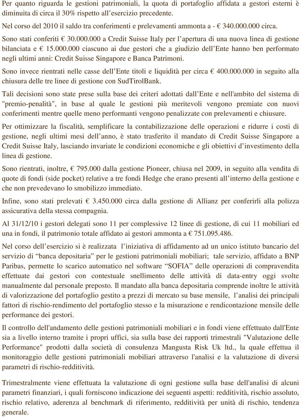 000.000 ciascuno ai due gestori che a giudizio dell Ente hanno ben performato negli ultimi anni: Credit Suisse Singapore e Banca Patrimoni.