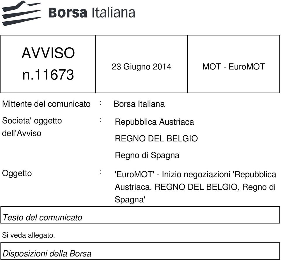 Societa' oggetto dell'avviso : Repubblica Austriaca REGNO DEL BELGIO Regno di