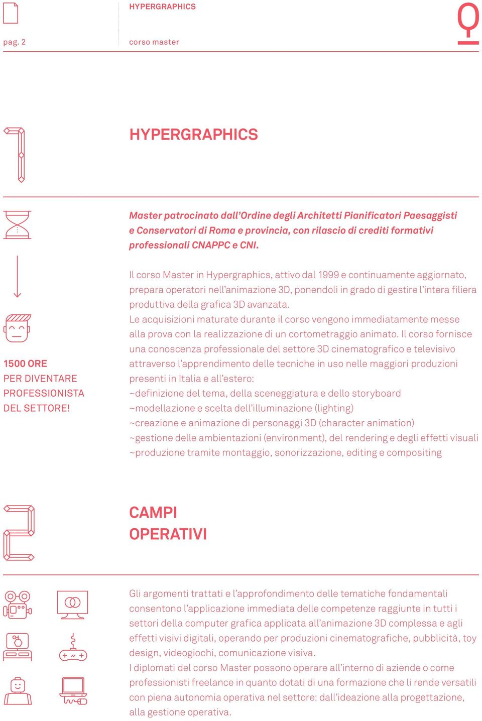 Il corso Master in Hypergraphics, attivo dal 1999 e continuamente aggiornato, prepara operatori nell animazione 3D, ponendoli in grado di gestire l intera filiera produttiva della grafica 3D avanzata.