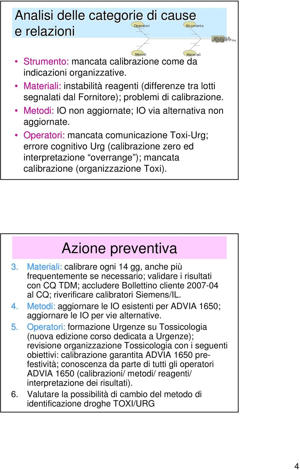 Operatori: mancata comunicazione Toxi-Urg; errore cognitivo Urg (calibrazione zero ed interpretazione overrange ); mancata calibrazione (organizzazione Toxi). Azione preventiva 3.