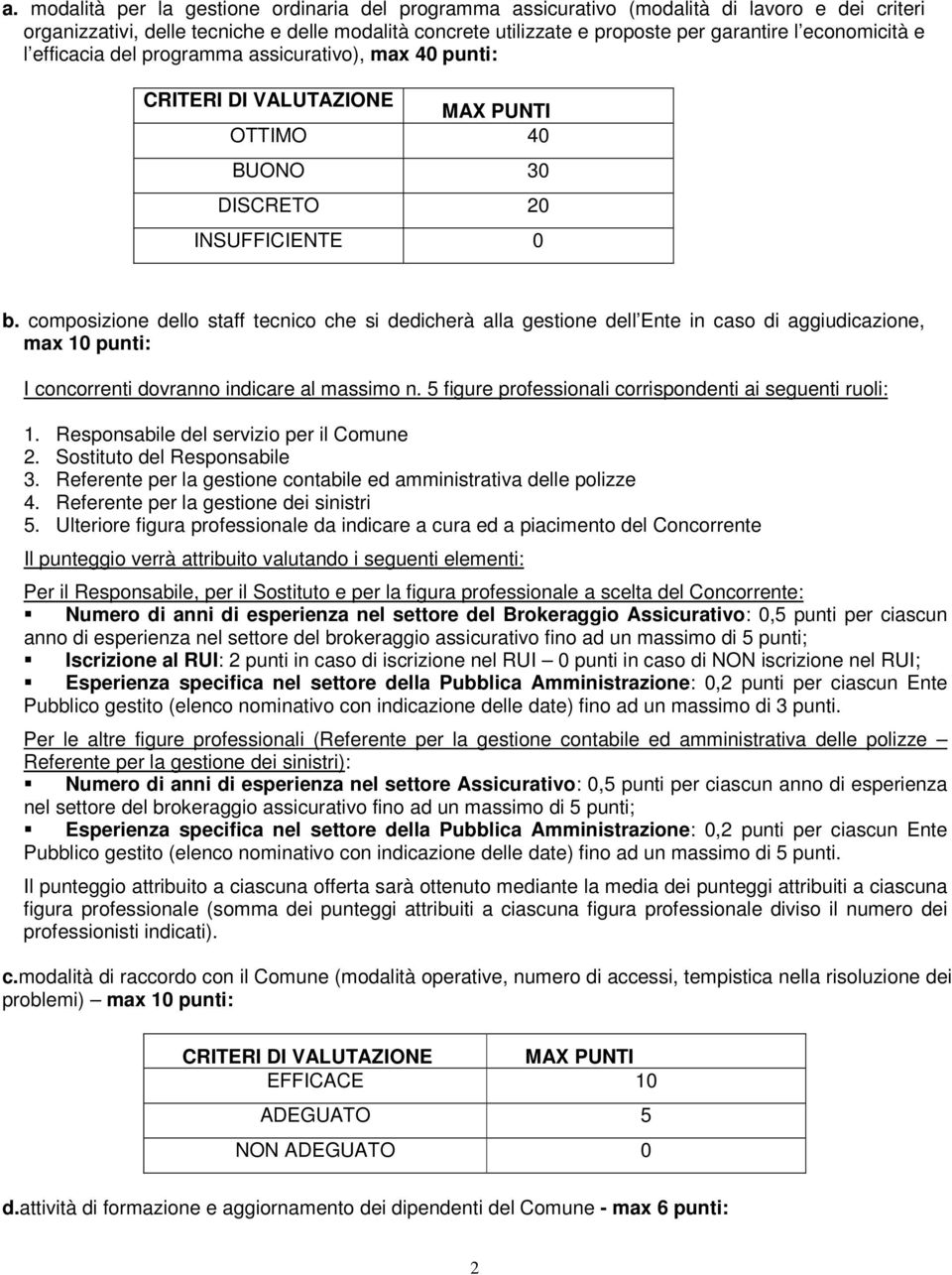 composizione dello staff tecnico che si dedicherà alla gestione dell Ente in caso di aggiudicazione, max 10 punti: I concorrenti dovranno indicare al massimo n.