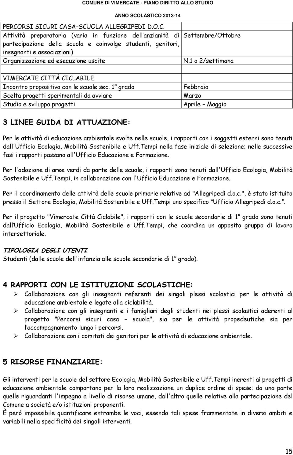 1 grado Scelta progetti sperimentali da avviare Studio e sviluppo progetti Febbraio Marzo Aprile Maggio 3 LINEE GUIDA DI ATTUAZIONE: Per le attività di educazione ambientale svolte nelle scuole, i