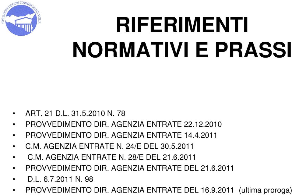 24/E DEL 30.5.2011 C.M. AGENZIA ENTRATE N. 28/E DEL 21.6.2011 PROVVEDIMENTO DIR.