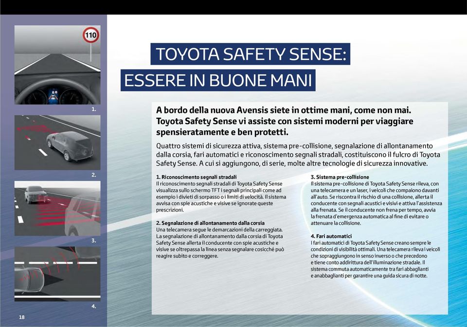 Quattro sistemi di sicurezza attiva, sistema pre-collisione, segnalazione di allontanamento dalla corsia, fari automatici e riconoscimento segnali stradali, costituiscono il fulcro di Toyota Safety