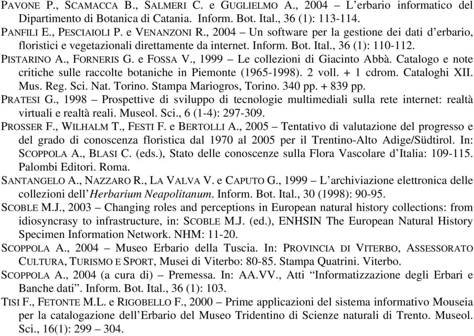 , 1999 Le collezioni di Giacinto Abbà. Catalogo e note critiche sulle raccolte botaniche in Piemonte (1965-1998). 2 voll. + 1 cdrom. Cataloghi XII. Mus. Reg. Sci. Nat. Torino.