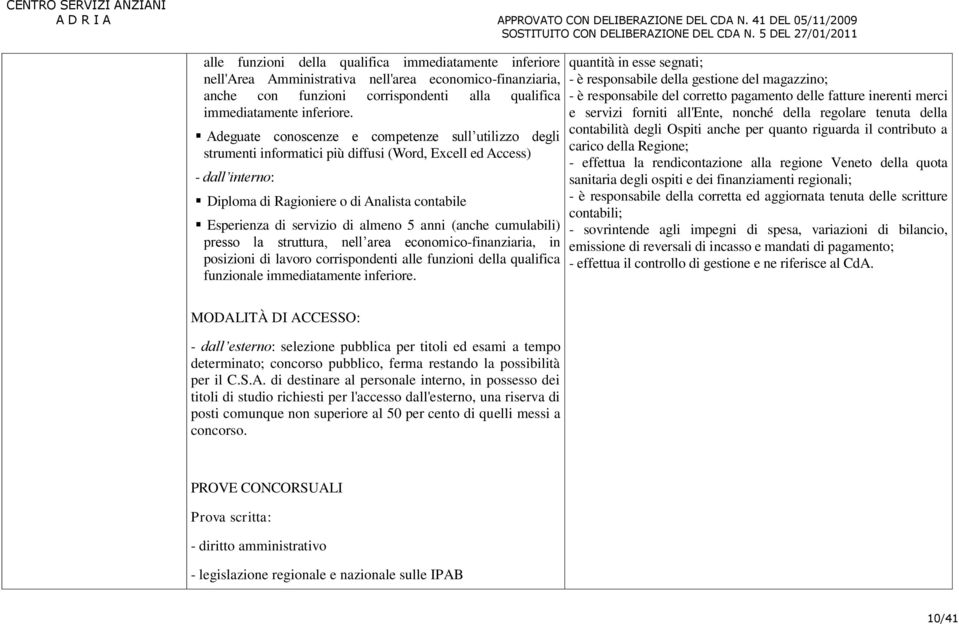 almeno 5 anni (anche cumulabili) presso la struttura, nell area economico-finanziaria, in posizioni di lavoro corrispondenti alle funzioni della qualifica funzionale immediatamente inferiore.