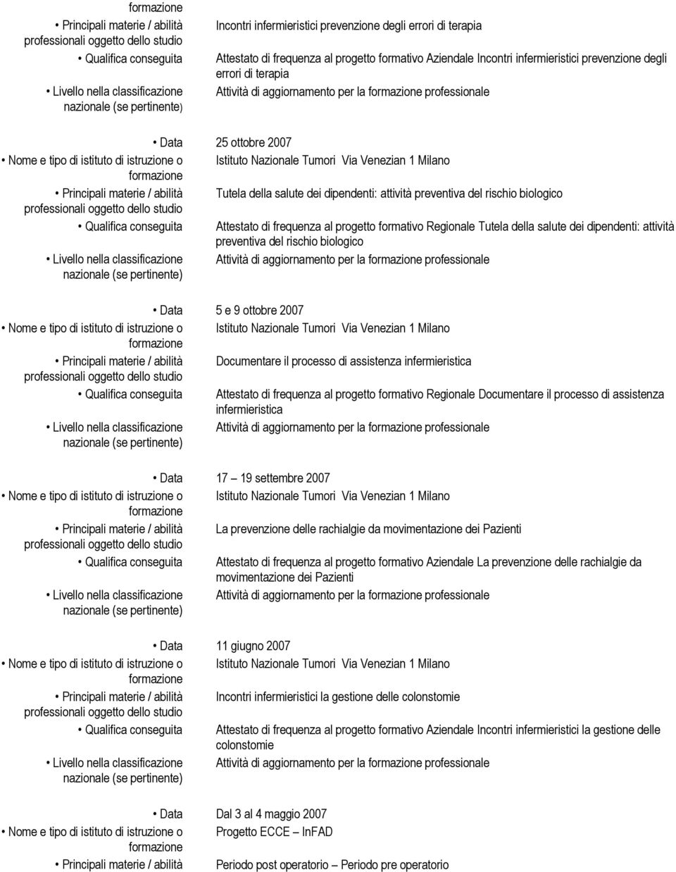 della salute dei dipendenti: attività preventiva del rischio biologico Attività di aggiornamento per la professionale Data 5 e 9 ottobre 2007 Documentare il processo di assistenza infermieristica