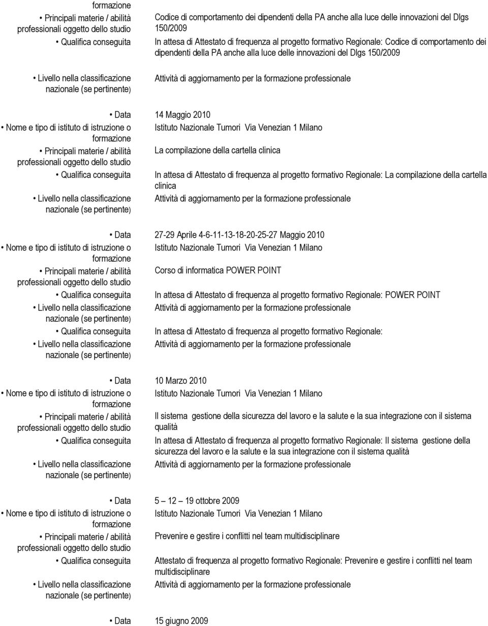 Attestato di frequenza al progetto formativo Regionale: La compilazione della cartella clinica Attività di aggiornamento per la professionale Data 27-29 Aprile 4-6-11-13-18-20-25-27 Maggio 2010 Corso