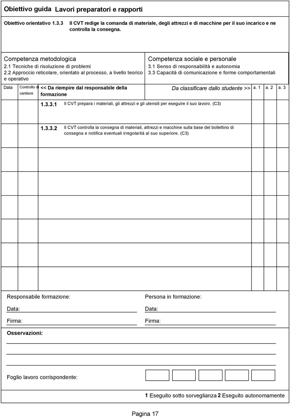 2 Approccio reticolare, orientato al processo, a livello teorico e operativo Data Controllo di cantiere << Da riempire dal responsabile della formazione 1.3.3.1 Competenza sociale e personale 3.